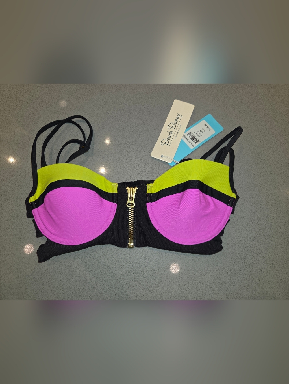 NWT Beach Bunny Neon Pink & Lime Zip-Front Bikini Top with Black Trim